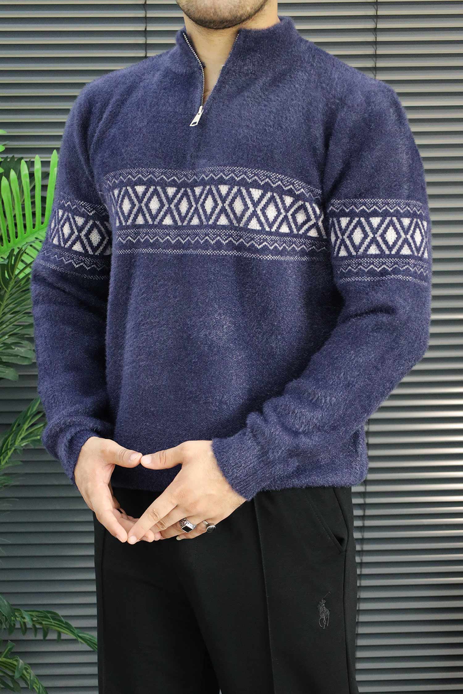 Men's Chunky Half Zipper Knit Imported Rabbit Wool Men's Sweater In Navy Blue
