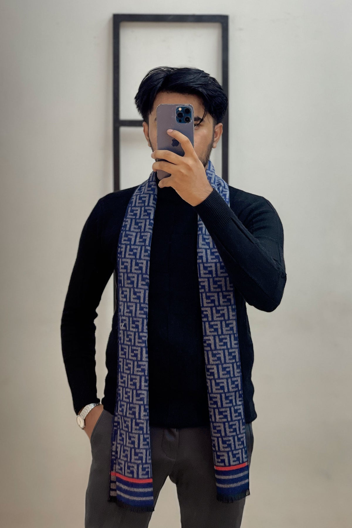 Fndi Prestgious Motif Authentic Wool Men Mufflers In Navy Blue