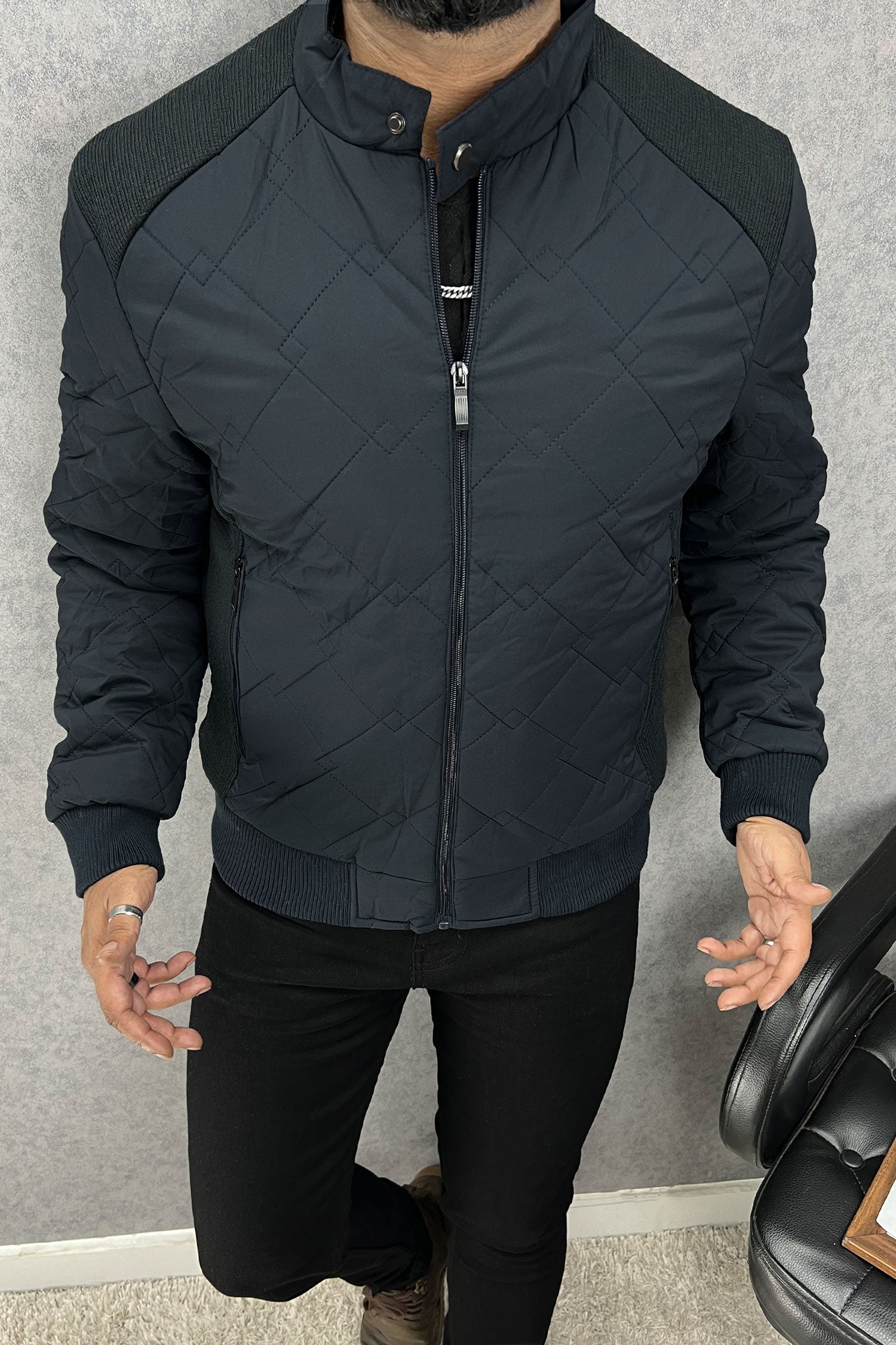 Block Stitch Texture Padded Imported Puffer Jacket