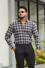 Turbo Tattersall Checkered Long Sleeve Cotton Casual Shirt In Navy Blue