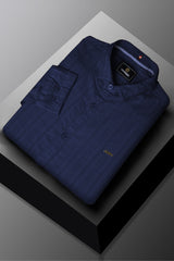 Turbo Self Stripe Motif Long Sleeve Cotton Casual Shirt In Navy Blue