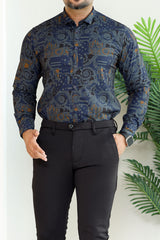 Turbo Retro Flower Motif Long Sleeve Cotton Casual Shirt In Blue