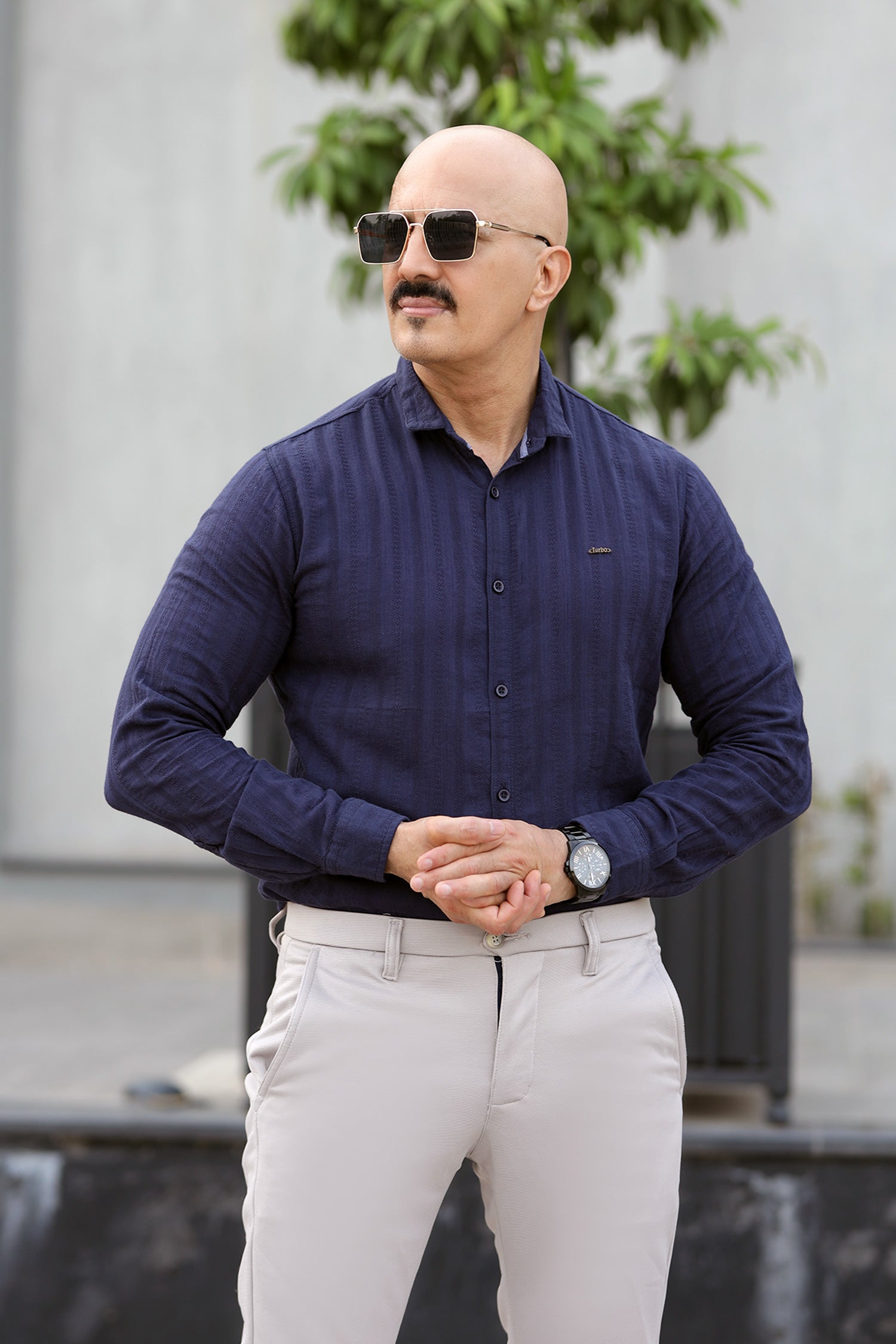 Turbo Self Stripe Motif Long Sleeve Cotton Casual Shirt In Navy Blue