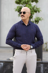 Turbo Self Stripe Motif Long Sleeve Cotton Casual Shirt In Navy Blue