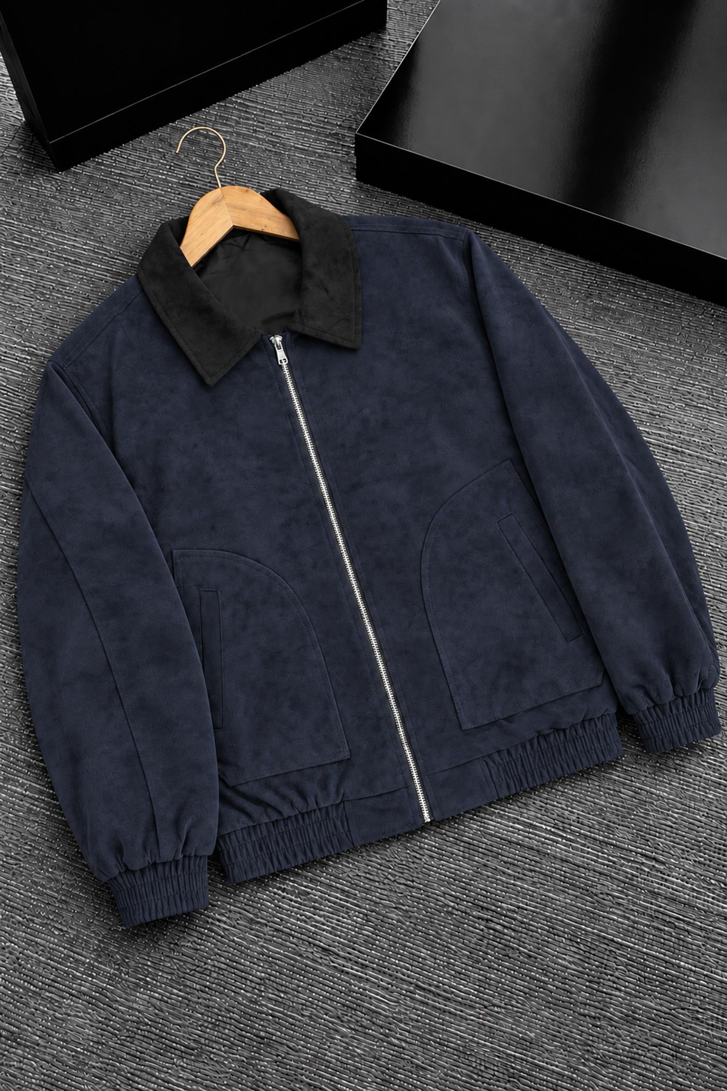 Men's Vintage Harrington Imported Suede Leather Jacket In Navy Blue