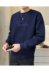 Turbo Signature Logo Round Neck Thermal Cotton Men's Sweatshirt In Navy Blue