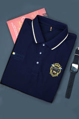 Striped Neck With Embroided logo Polo Shirt In Navy Blue