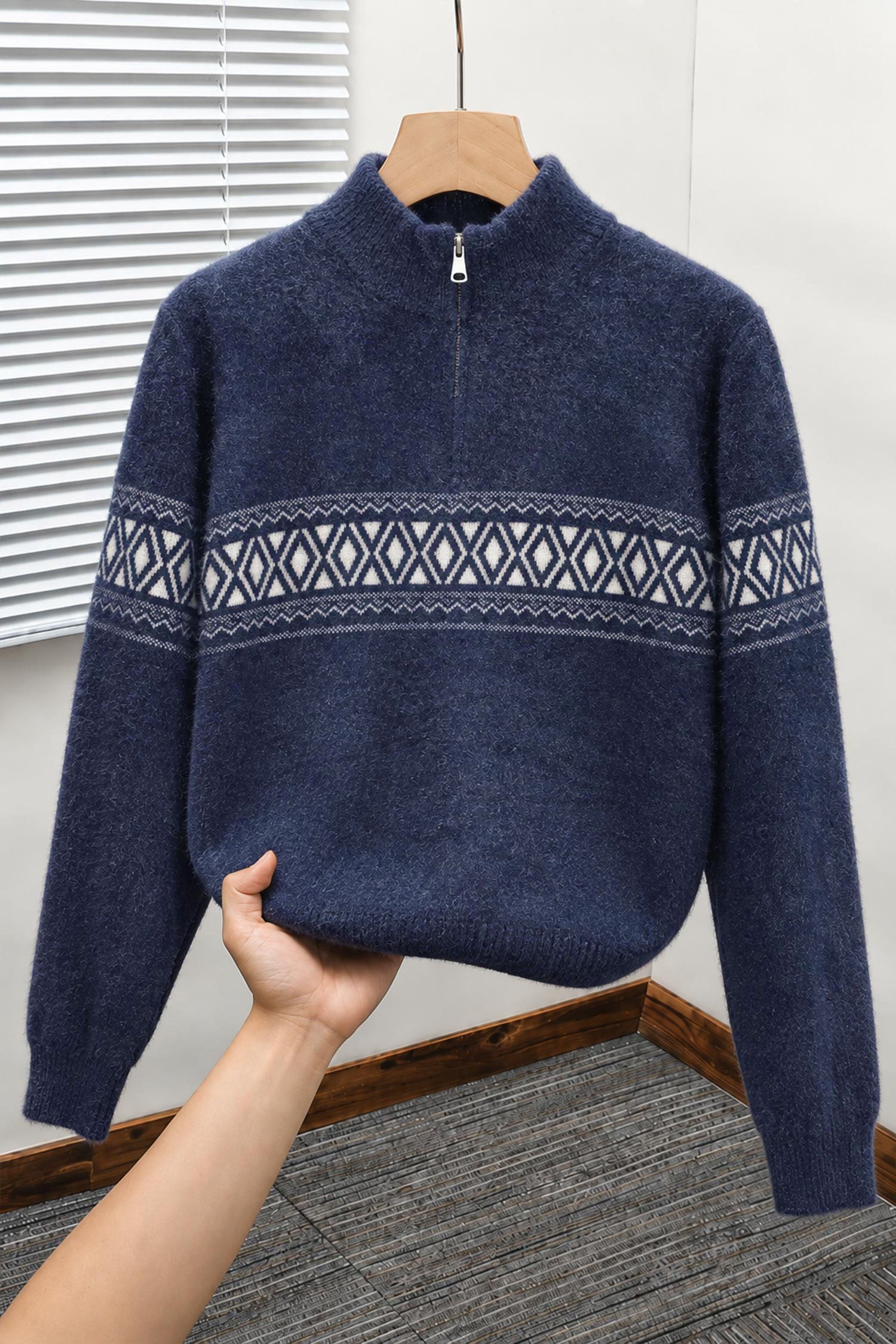 Men's Chunky Half Zipper Knit Imported Rabbit Wool Men's Sweater In Navy Blue