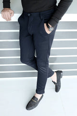 Elegant Self Texture Knitted Cotton Ankle fit Pant In Navy Blue