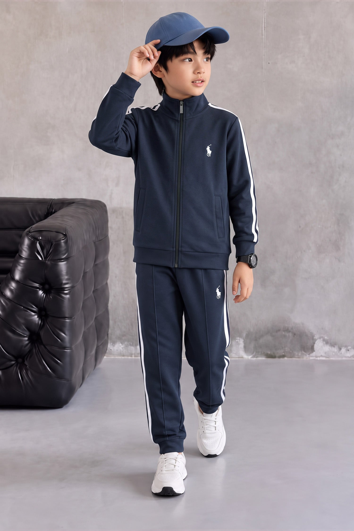 Polo Pony Style Side Stripe Zipper Kid's Co-Ord Set In Navy Blue