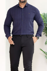 Turbo Self Stripe Motif Long Sleeve Cotton Casual Shirt In Navy Blue