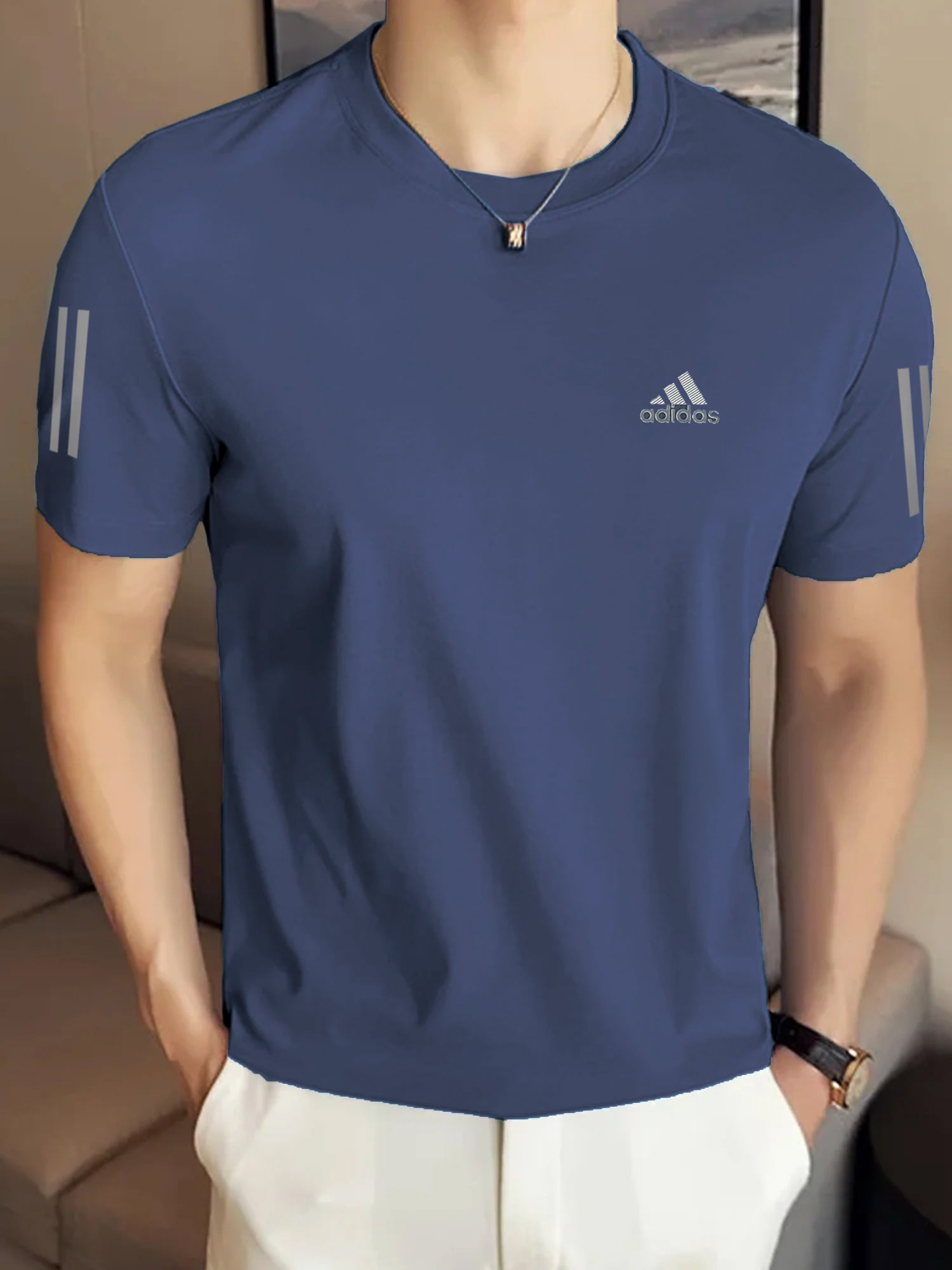 Adds Half Tri-Line Strips Round Neck T-Shirt