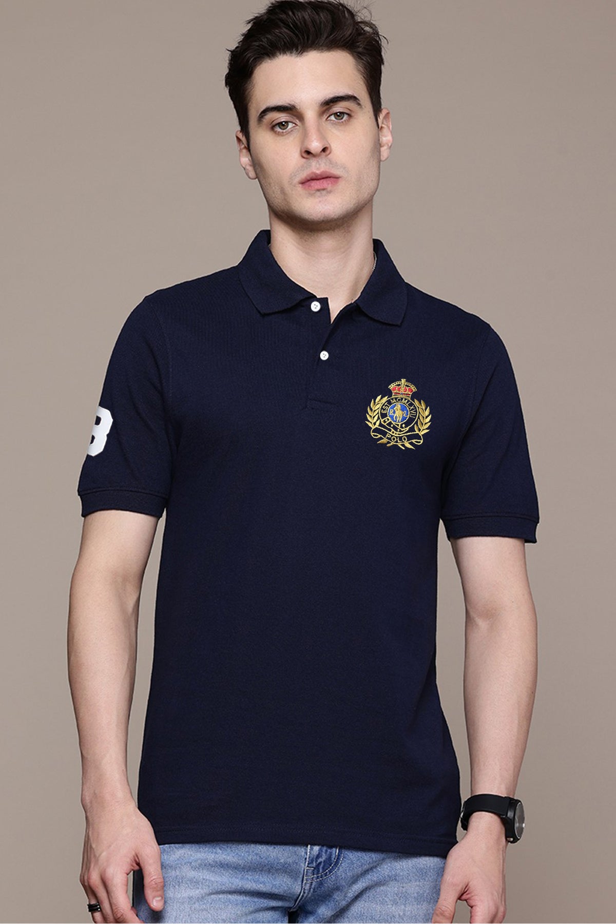 Rph Lren Polo Crest Badge Men's Polo Shirt In Navy Blue