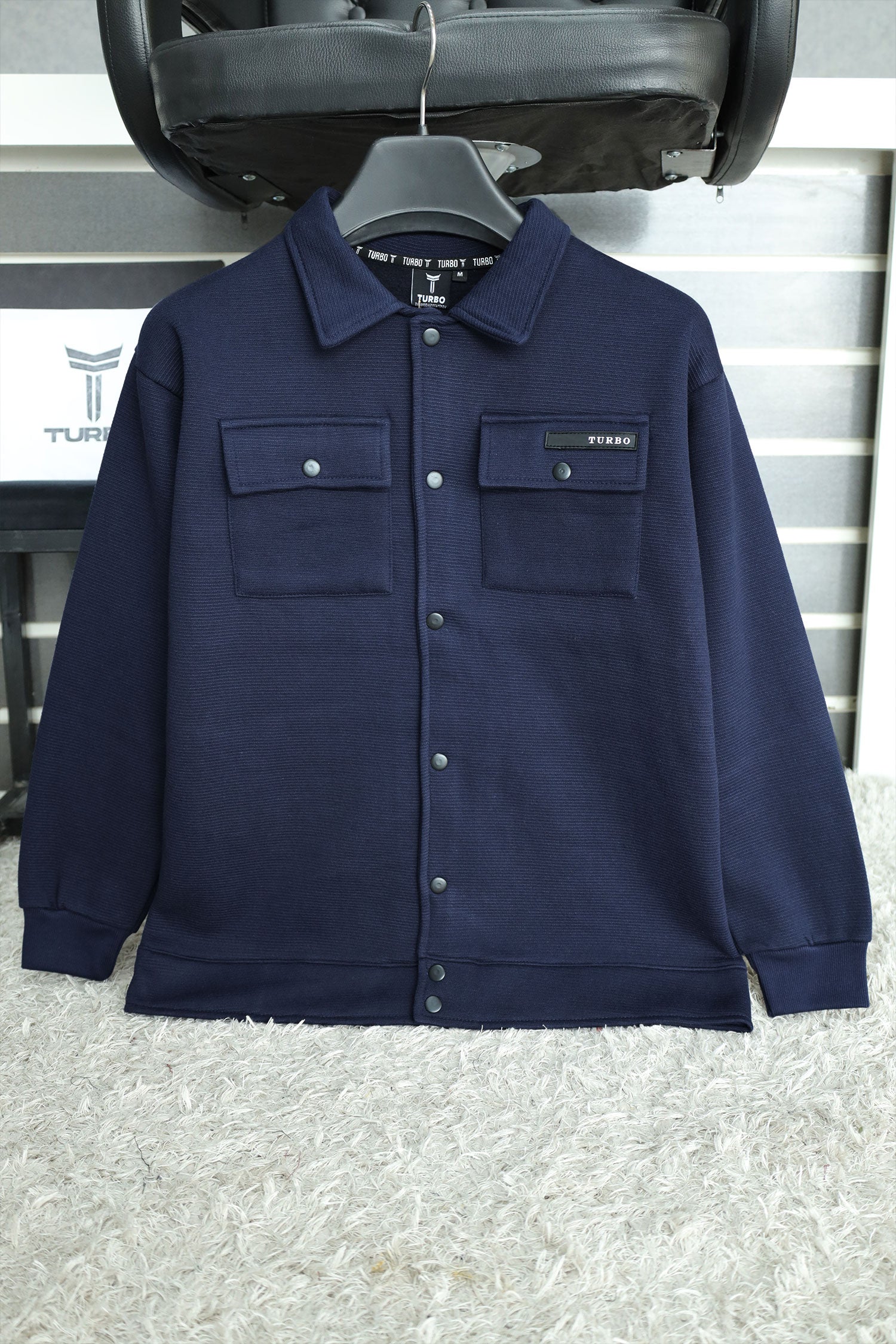 Front Flap Pocket Collar Motif Waffle Knit Jacket In Navy Blue