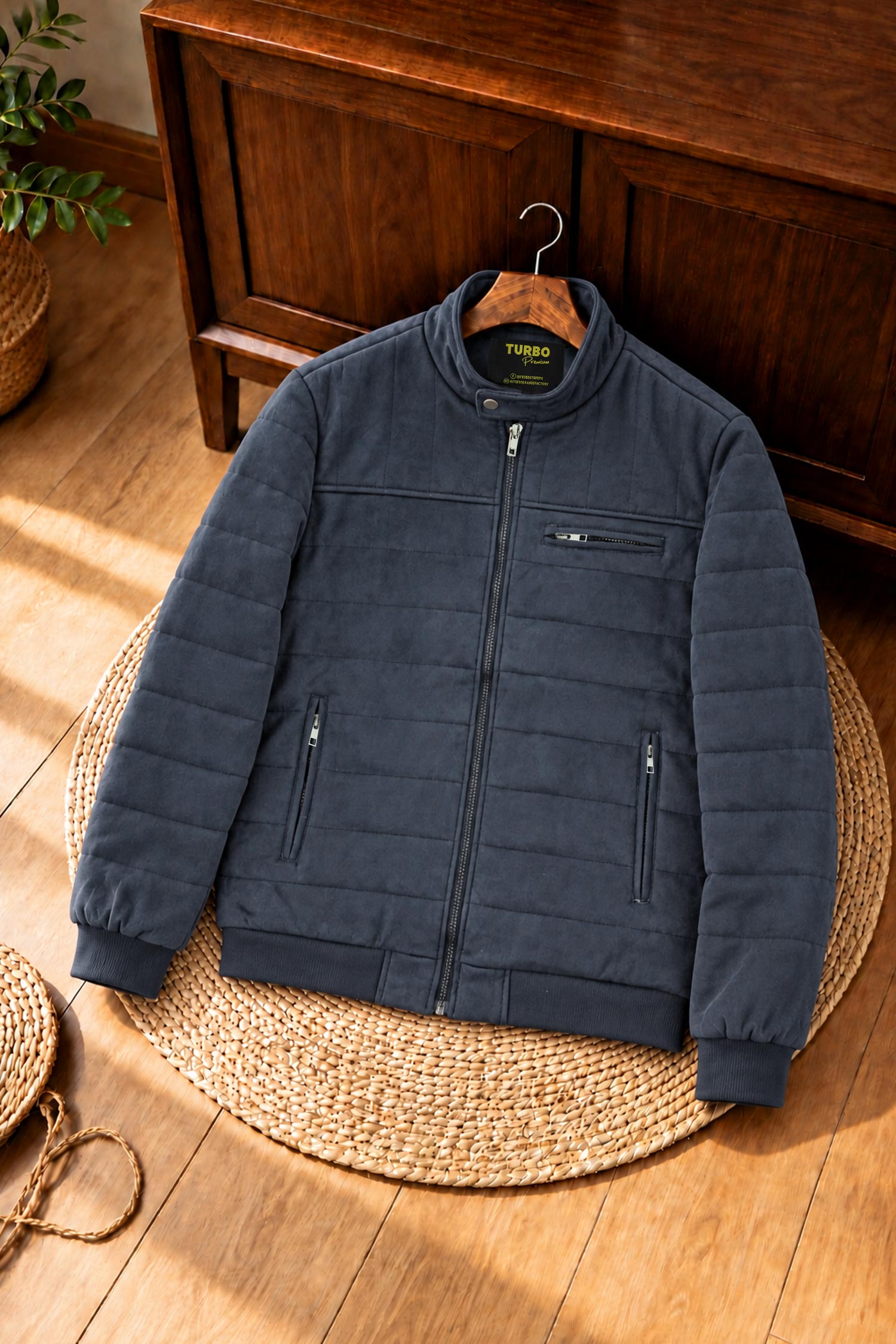 Turbo Quilted Bomber-Effect Imported Men's Suede Jacket In Navy Blue