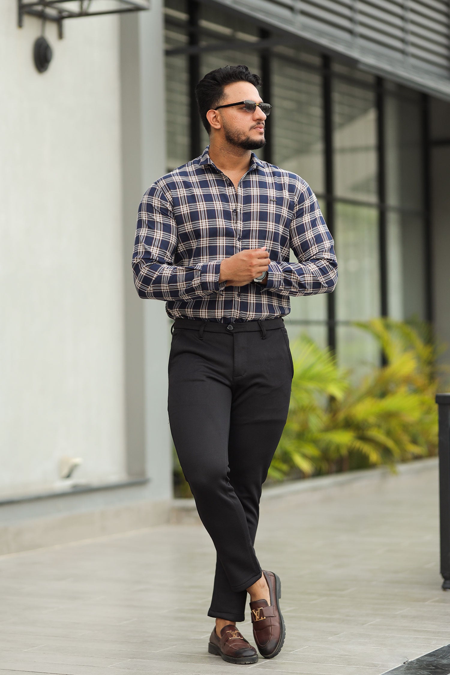 Turbo Tattersall Checkered Long Sleeve Cotton Casual Shirt In Navy Blue