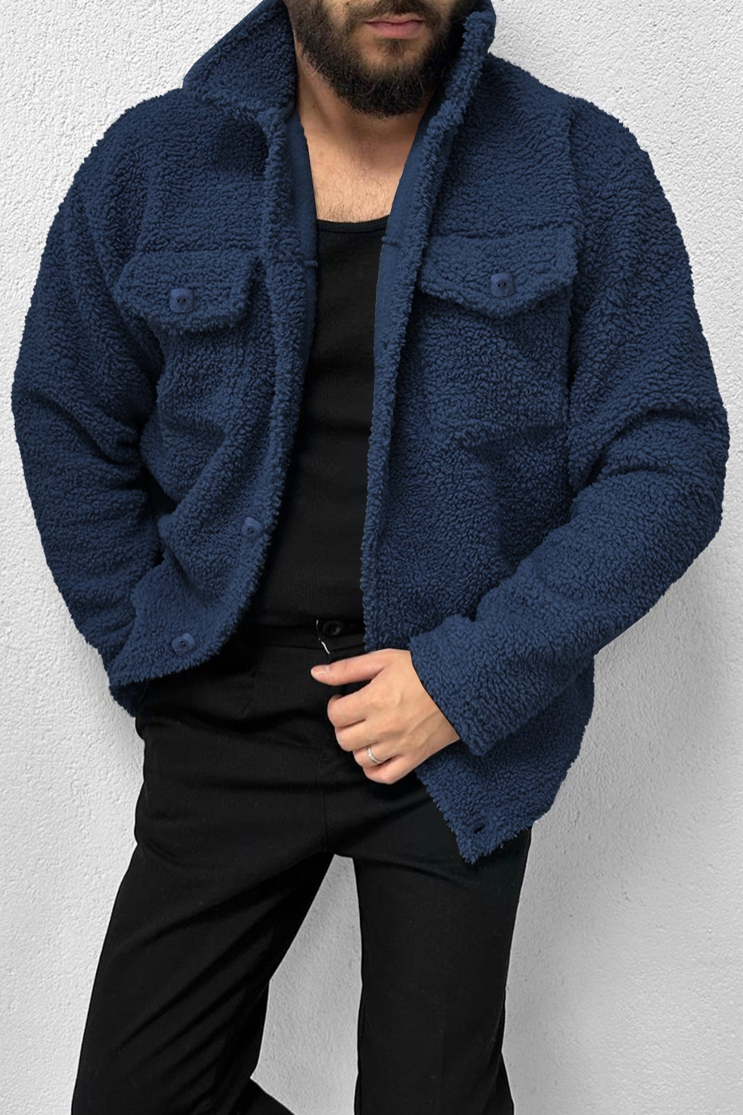 Turbo Pocket Style Sherpaa Fleece Light Weight Jacket In Navy Blue