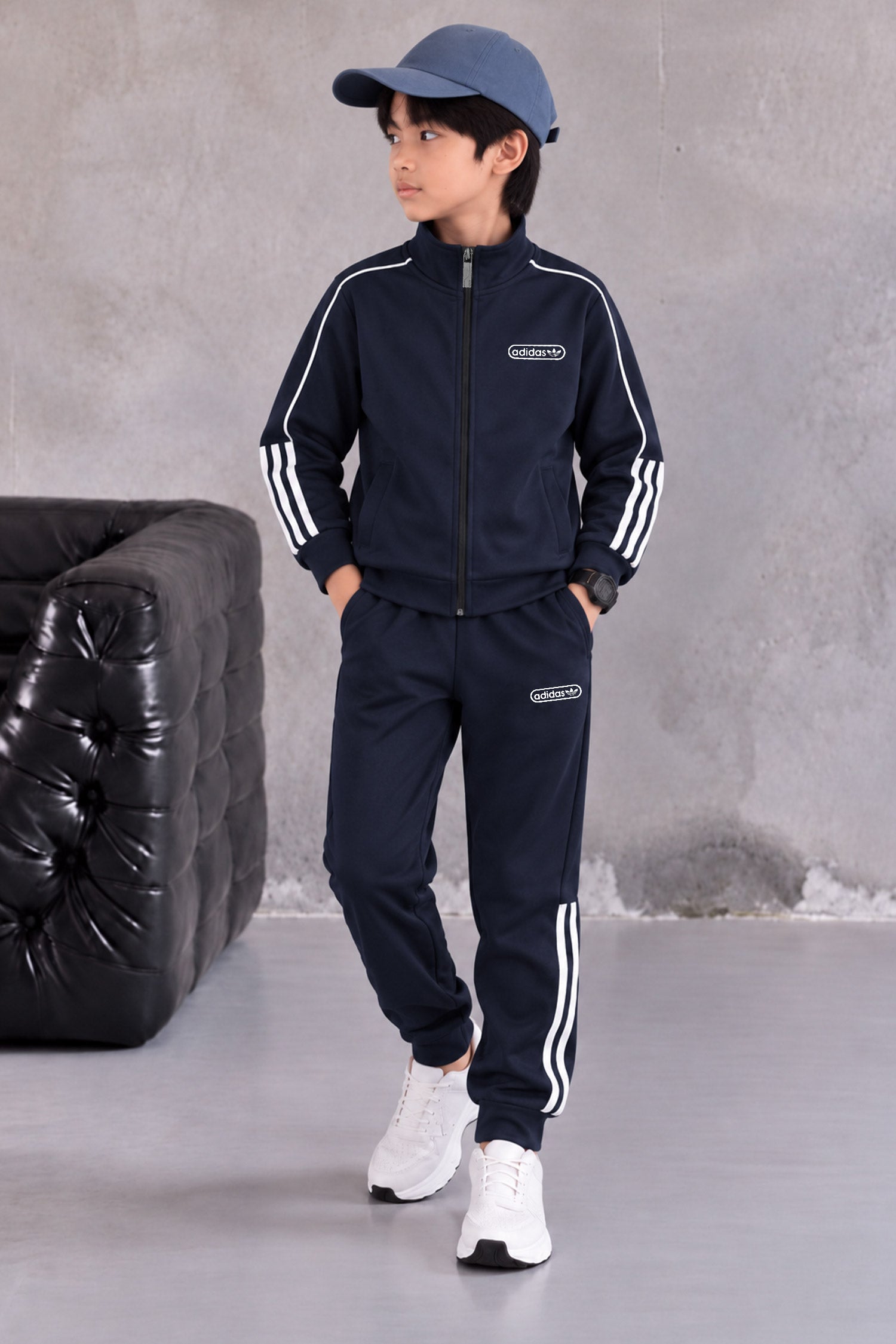 Adds Classic-Retro Lining Zipper Kid's Co-Ord Set In Navy Blue