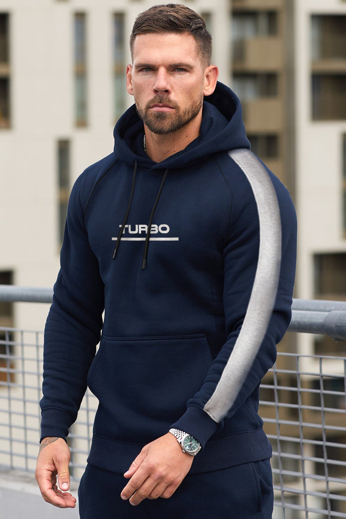 Turbo Panel Stripe Warm Fleece Hoodie In Navy Blue