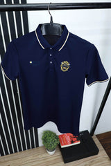 Striped Neck With Embroided logo Polo Shirt In Navy Blue