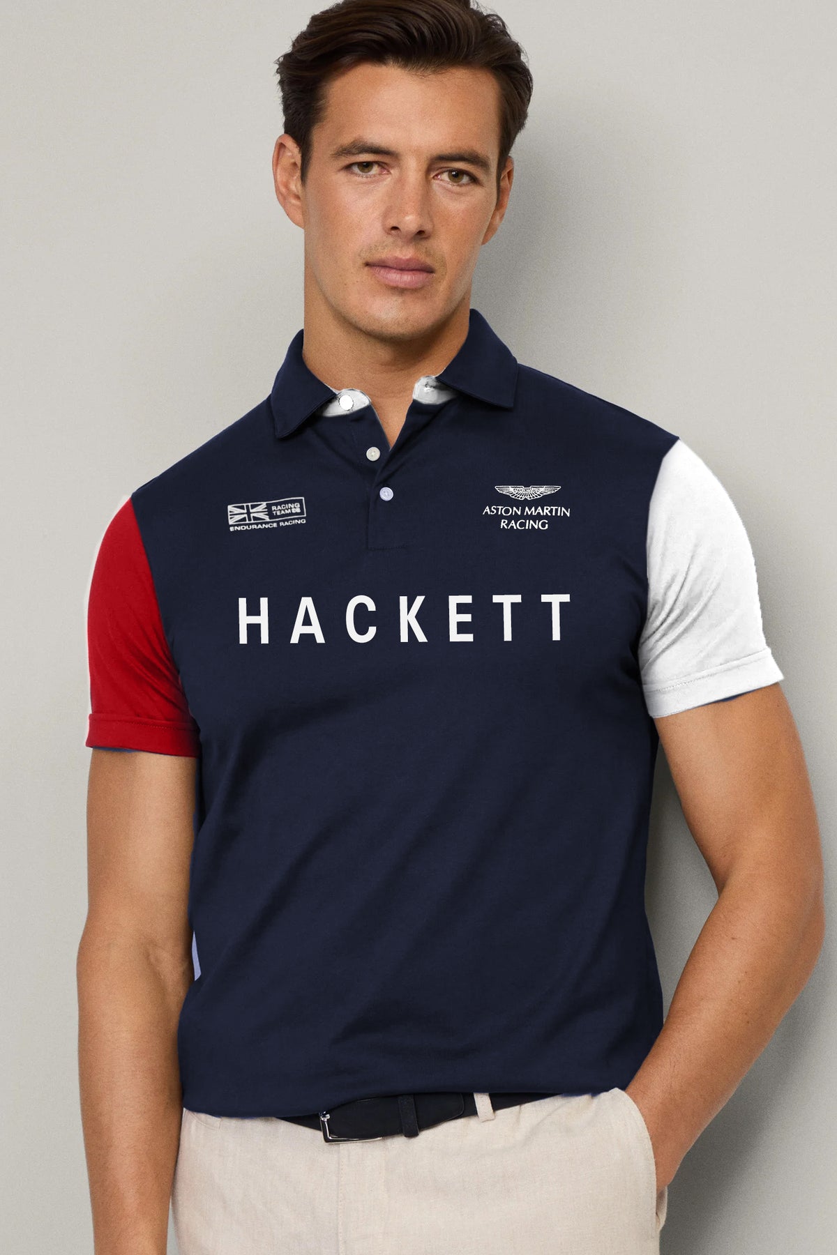 Hackt Lndon Aston Martin Racing Contrast Sleeve Men's Polo Shirt In Navy Blue