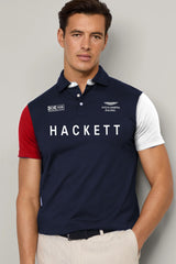 Hackt Lndon Aston Martin Racing Contrast Sleeve Men's Polo Shirt In Navy Blue
