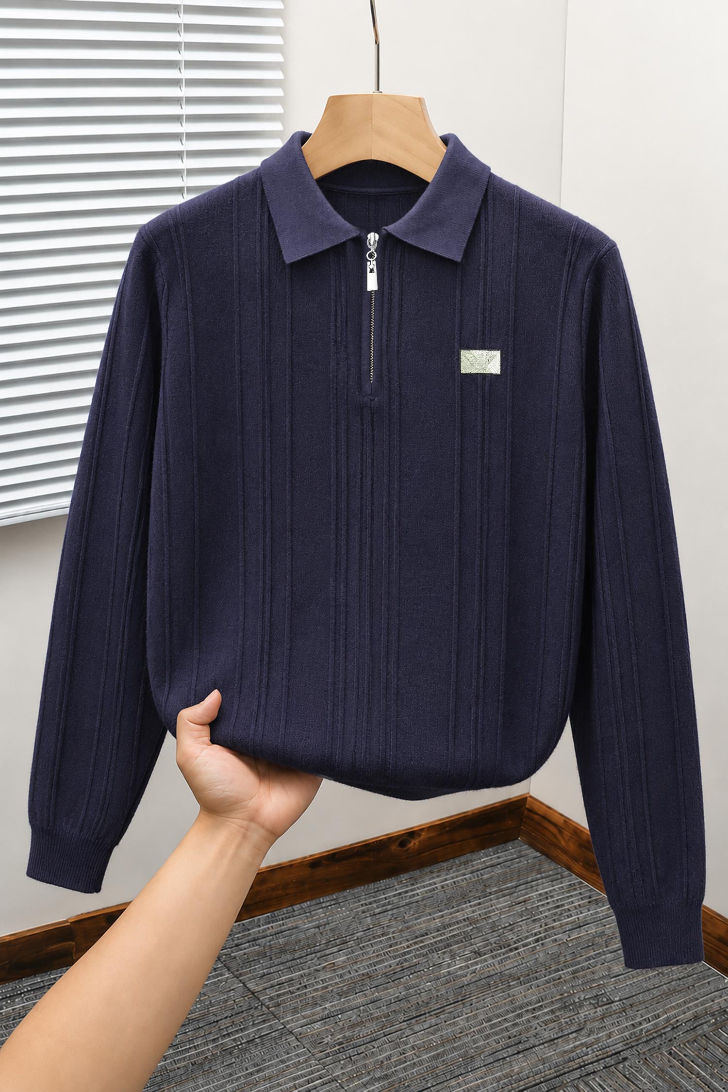 Armni Fine-Knit Collared Zipper Imported Men's Jumper Sweater In Navy Blue