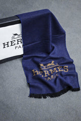 Hrmes Cashmere Fringe Iconic Wool Men Mufflers In Navy Blue