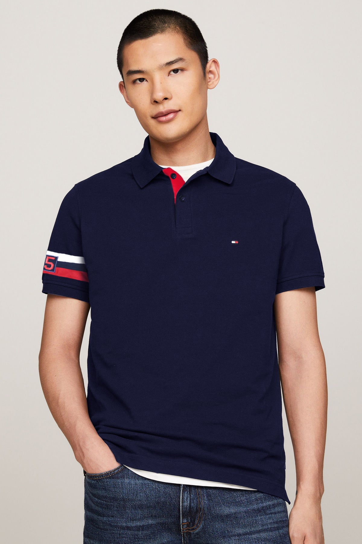 Tmy Hlfgr Monotype Flag Arm Men's Polo Shirt In Navy Blue