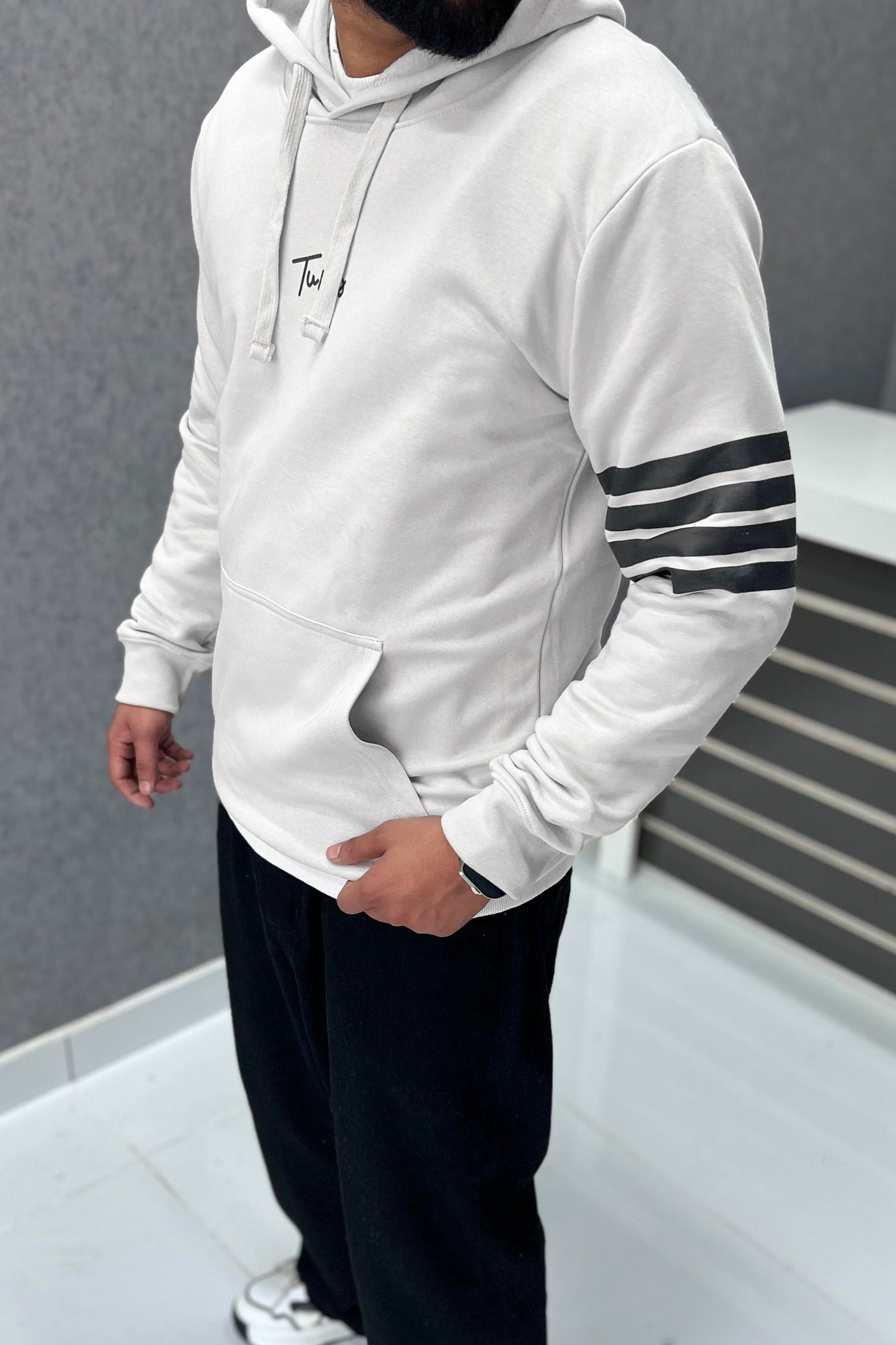 Turbo Arm Stripe Fleece Hoodie In Off White