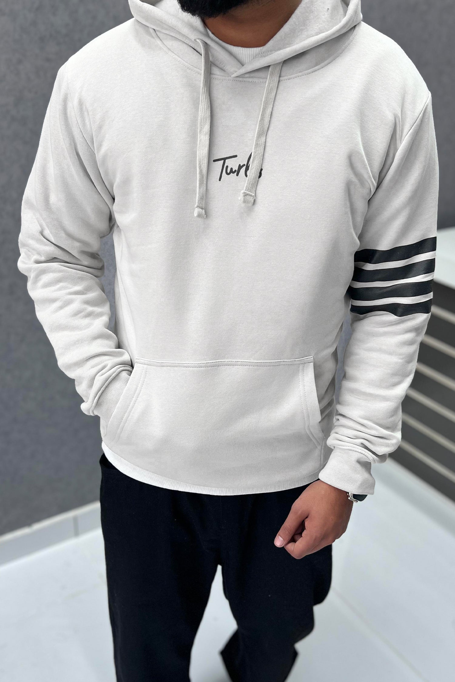 Turbo Arm Stripe Fleece Hoodie In Off White