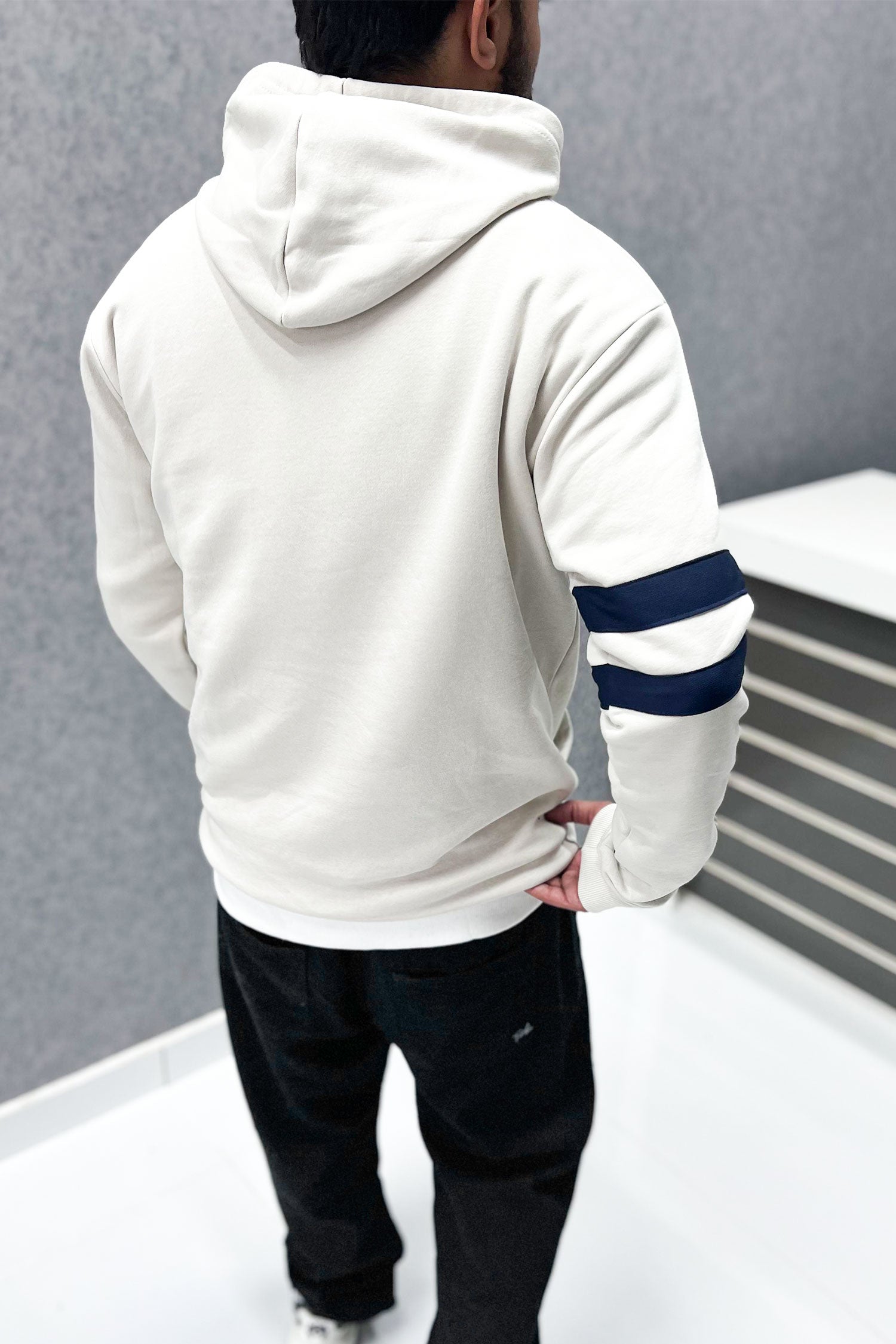 Turbo Elbow Panel Stripe Fleece Hoodie In Off White