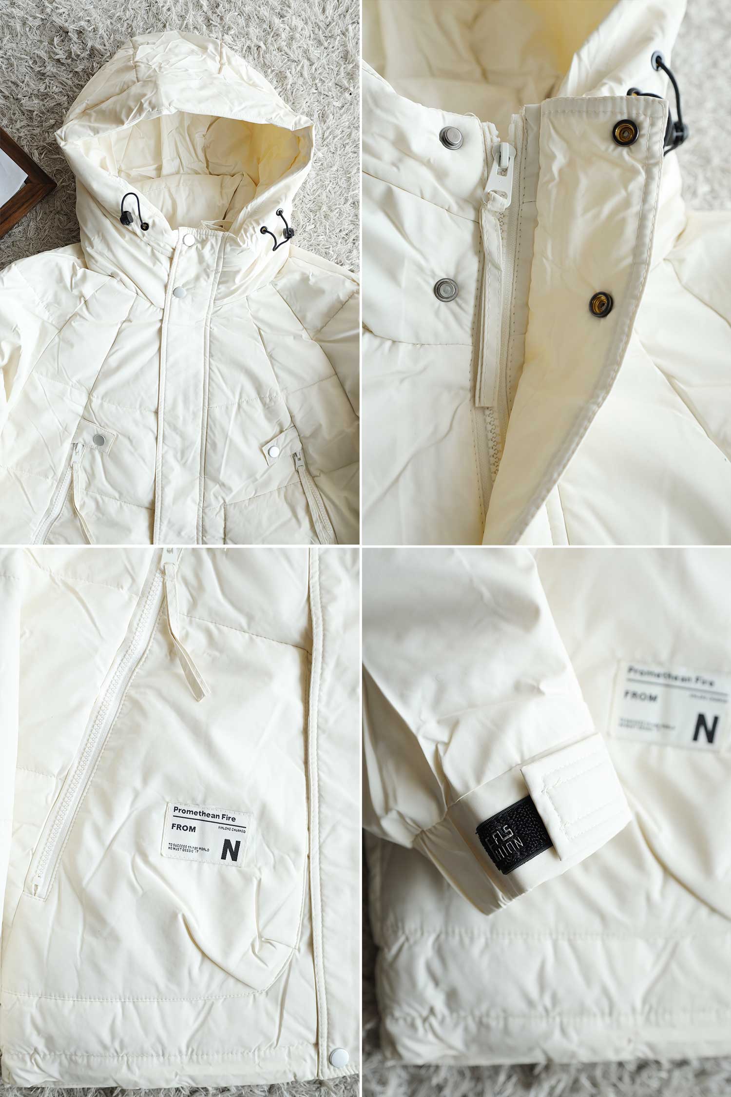 Belt Cliped Zipper Pocket Padded Imported Puffer Jacket In Off White