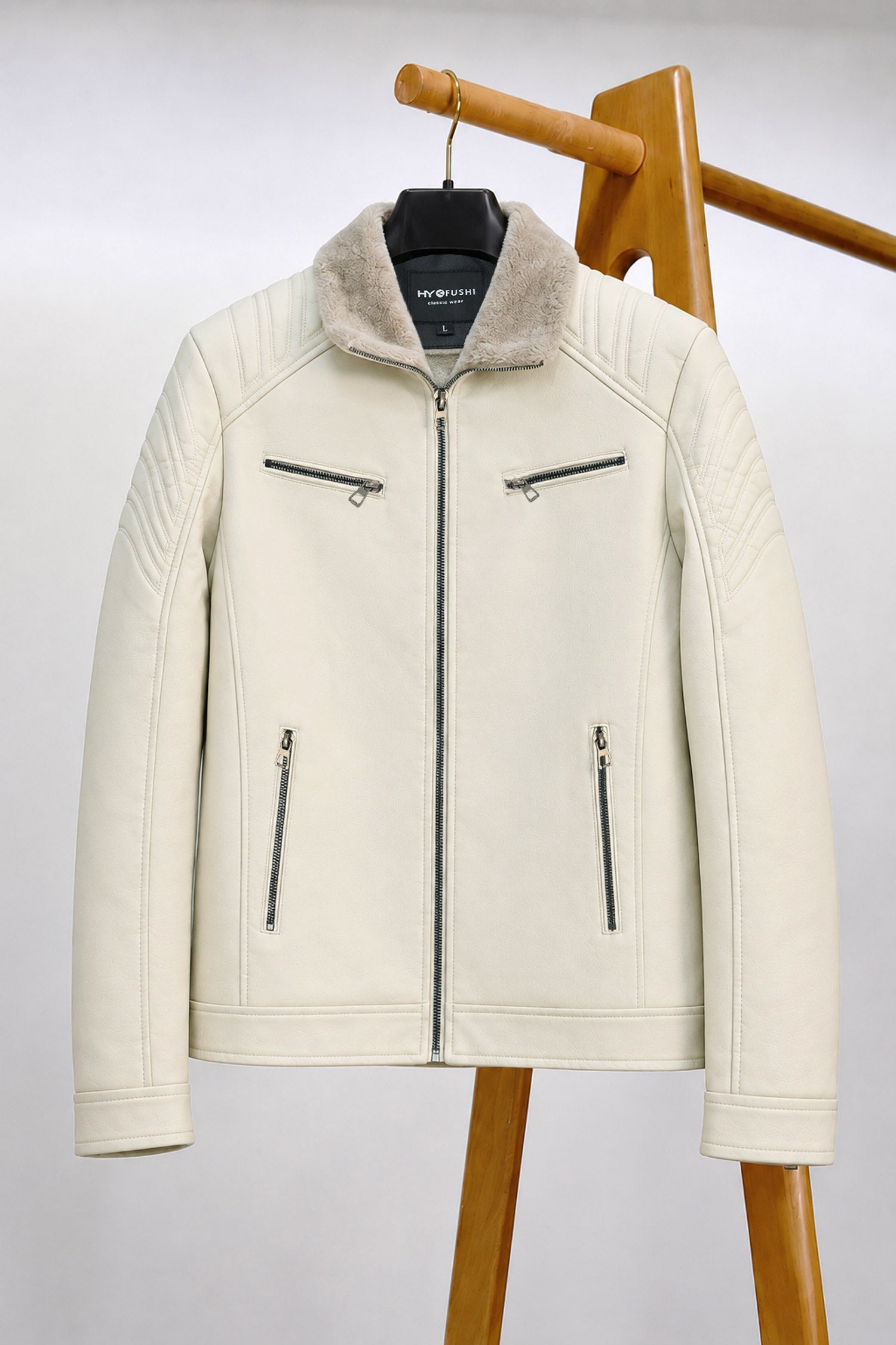Men's Casual Multi-Pocket Zipper Imported Leather Jacket In Off White