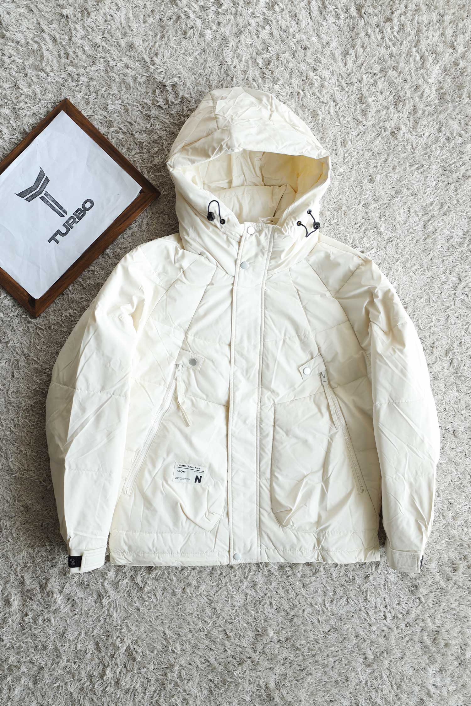 Belt Cliped Zipper Pocket Padded Imported Puffer Jacket In Off White