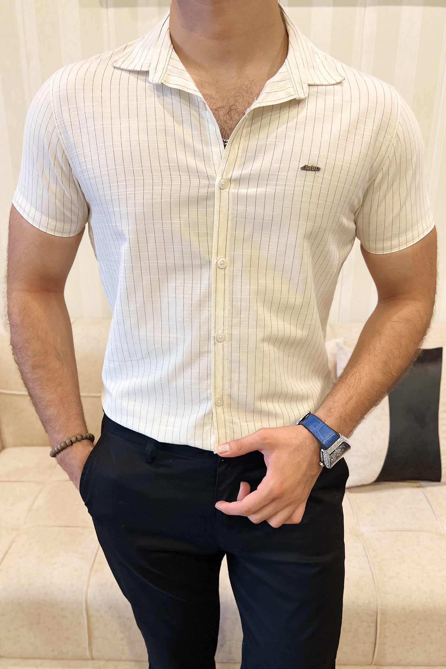 Turbo Creamline Striped Comfort Casual Shirt In Off White