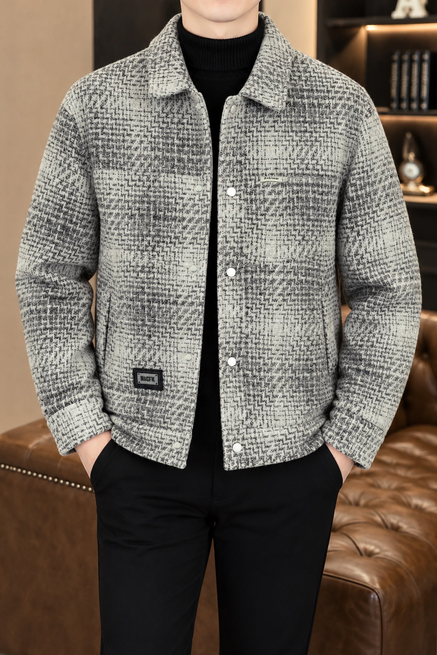 Outerwear Tweed Checkered Imported Men's Wool Jacket In Off White