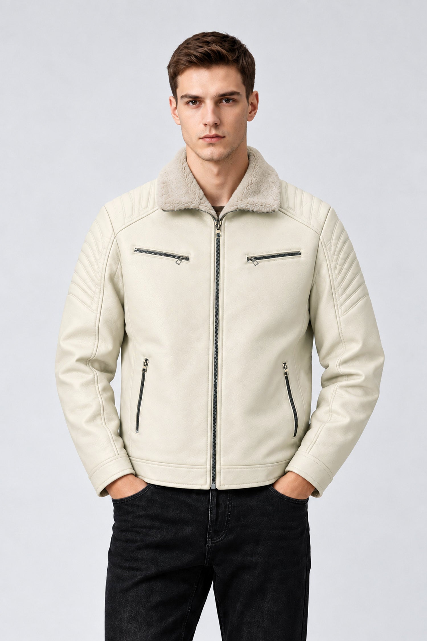 Men's Casual Multi-Pocket Zipper Imported Leather Jacket In Off White