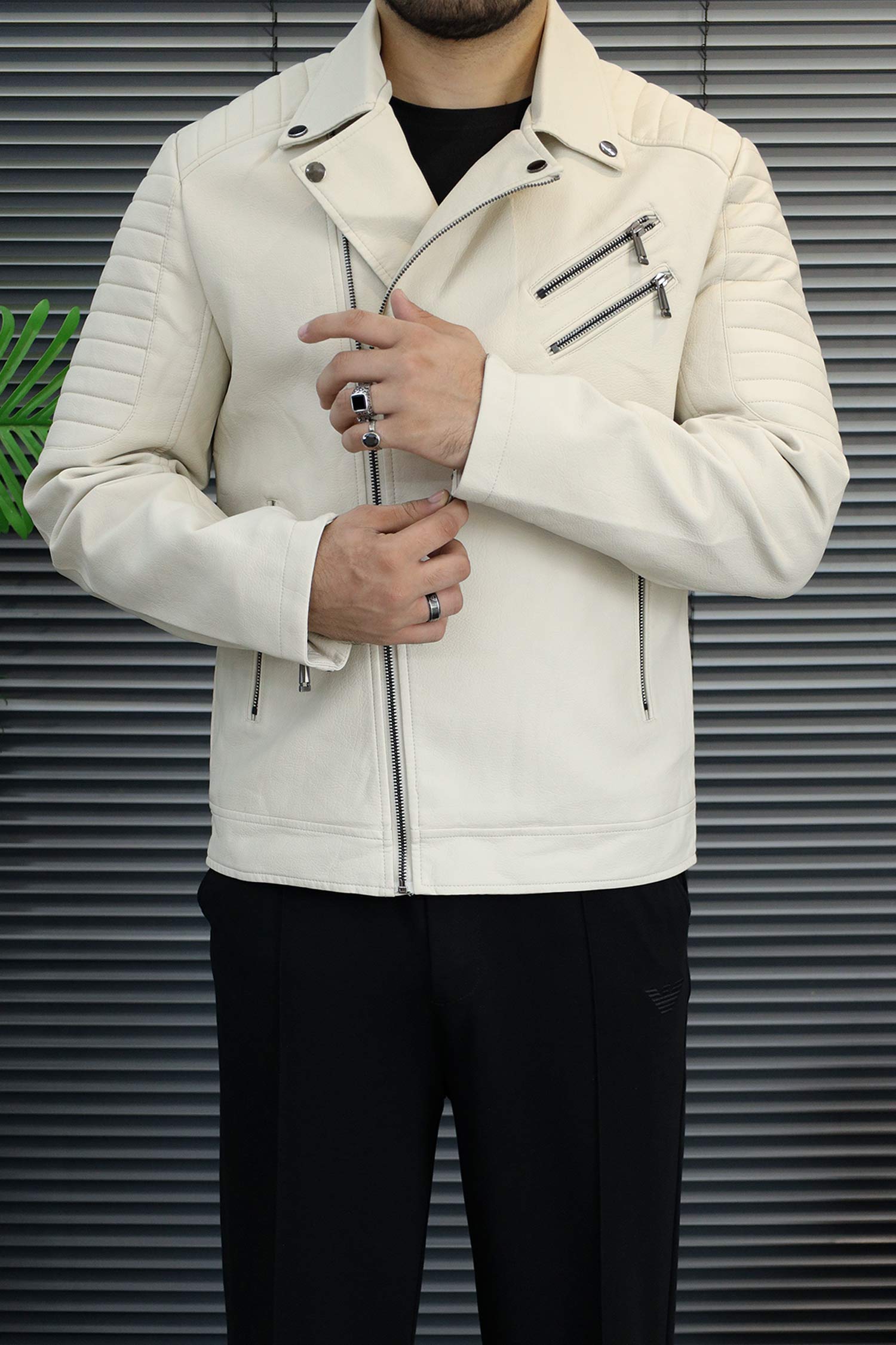 Men's Asymmetrical Zipper Imported Leather Jacket In Off White