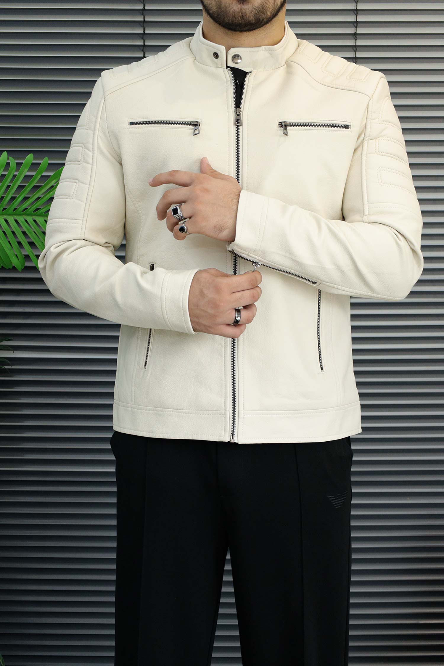 Men's Biker Style Imported Leather Jacket In Off White