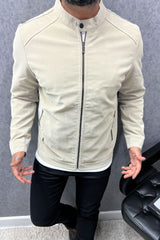 Motif Pattern Men's Imported Suede Leather Jacket In Beige