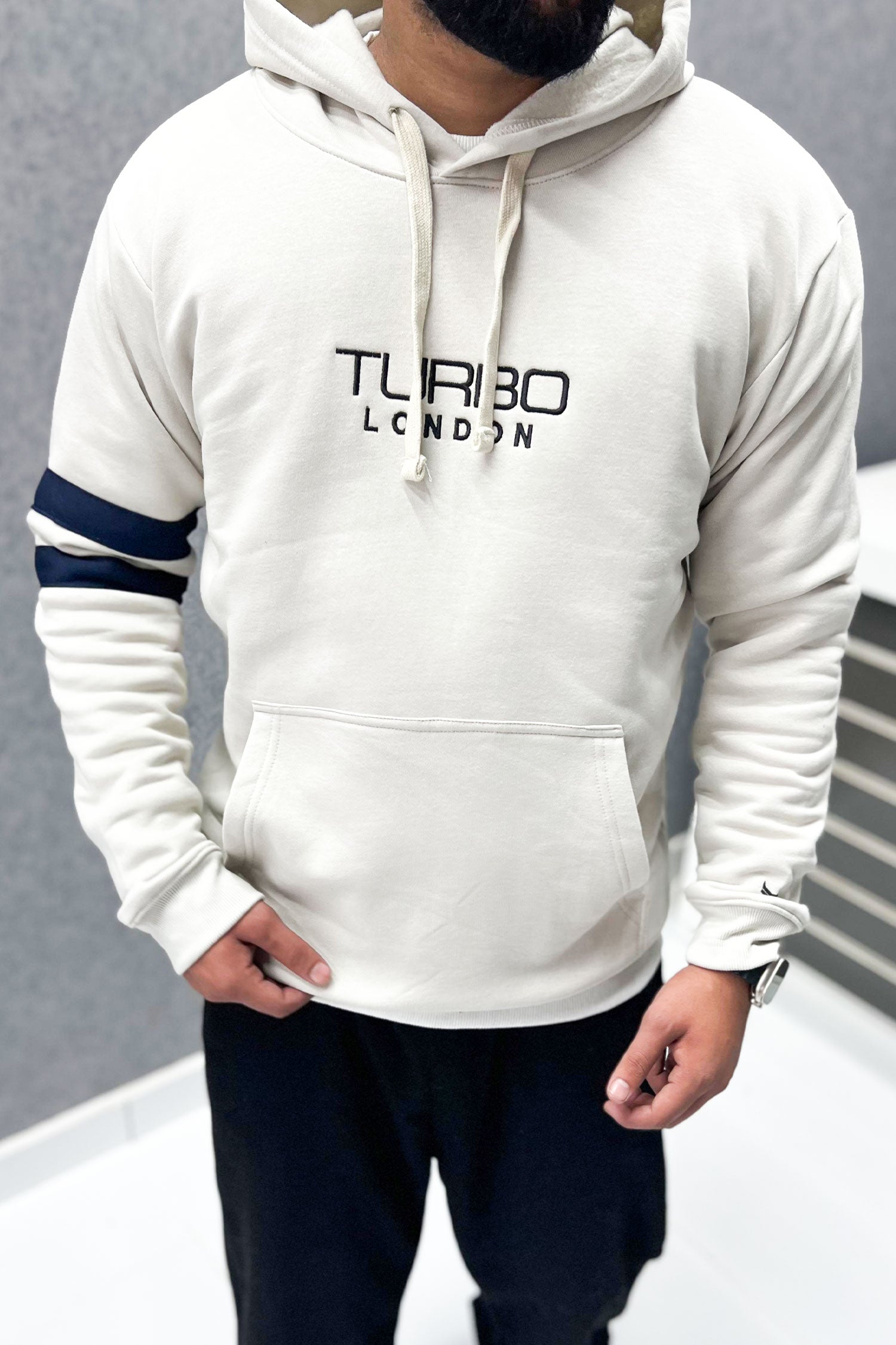 Turbo Elbow Panel Stripe Fleece Hoodie In Off White