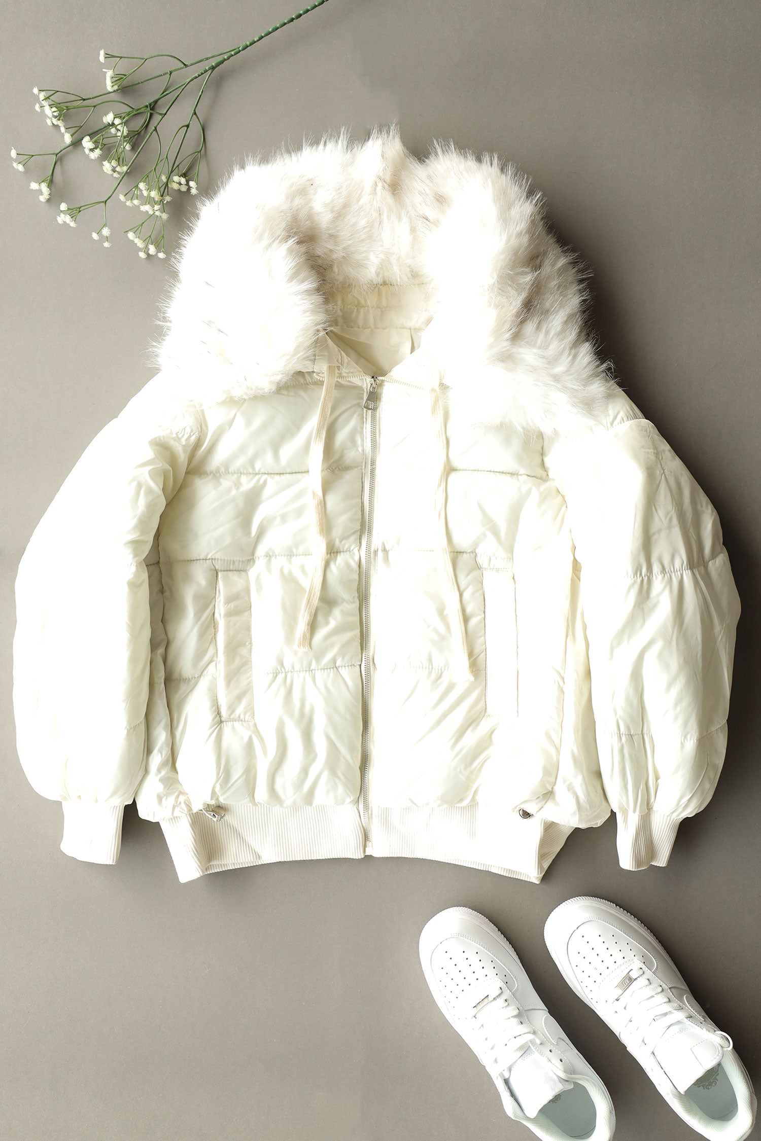 Trendy Fur Trim Bomber Women Imported Puffer Jacket