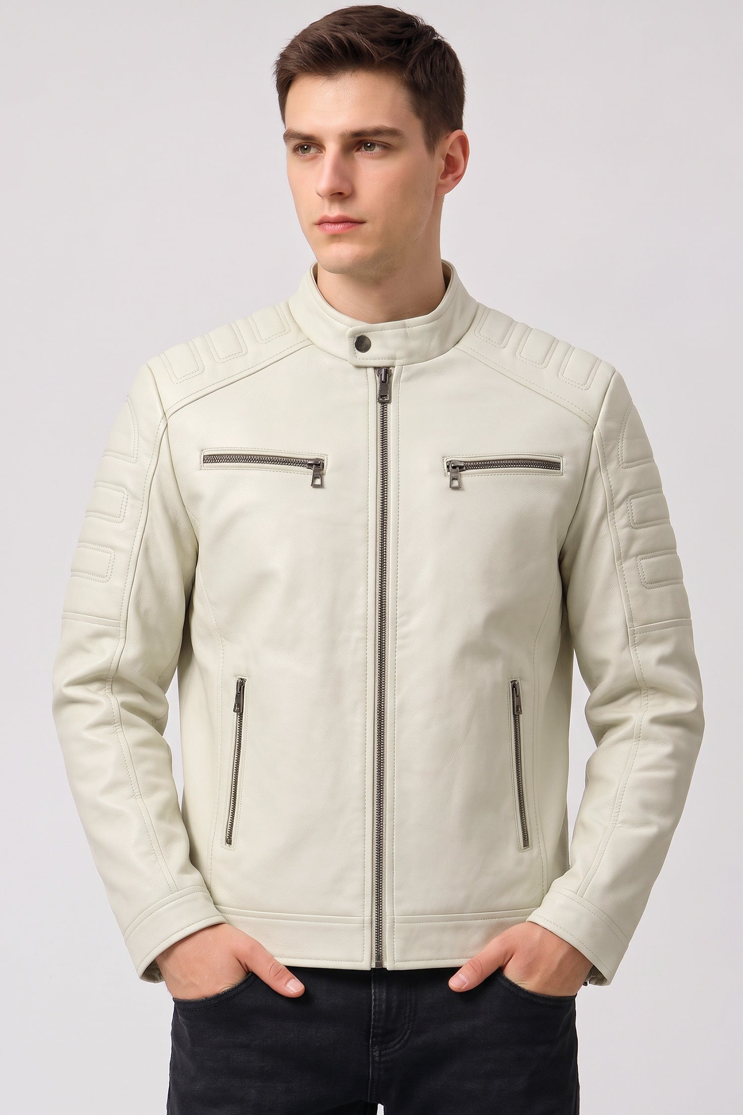 Men's Biker Style Imported Leather Jacket In Off White