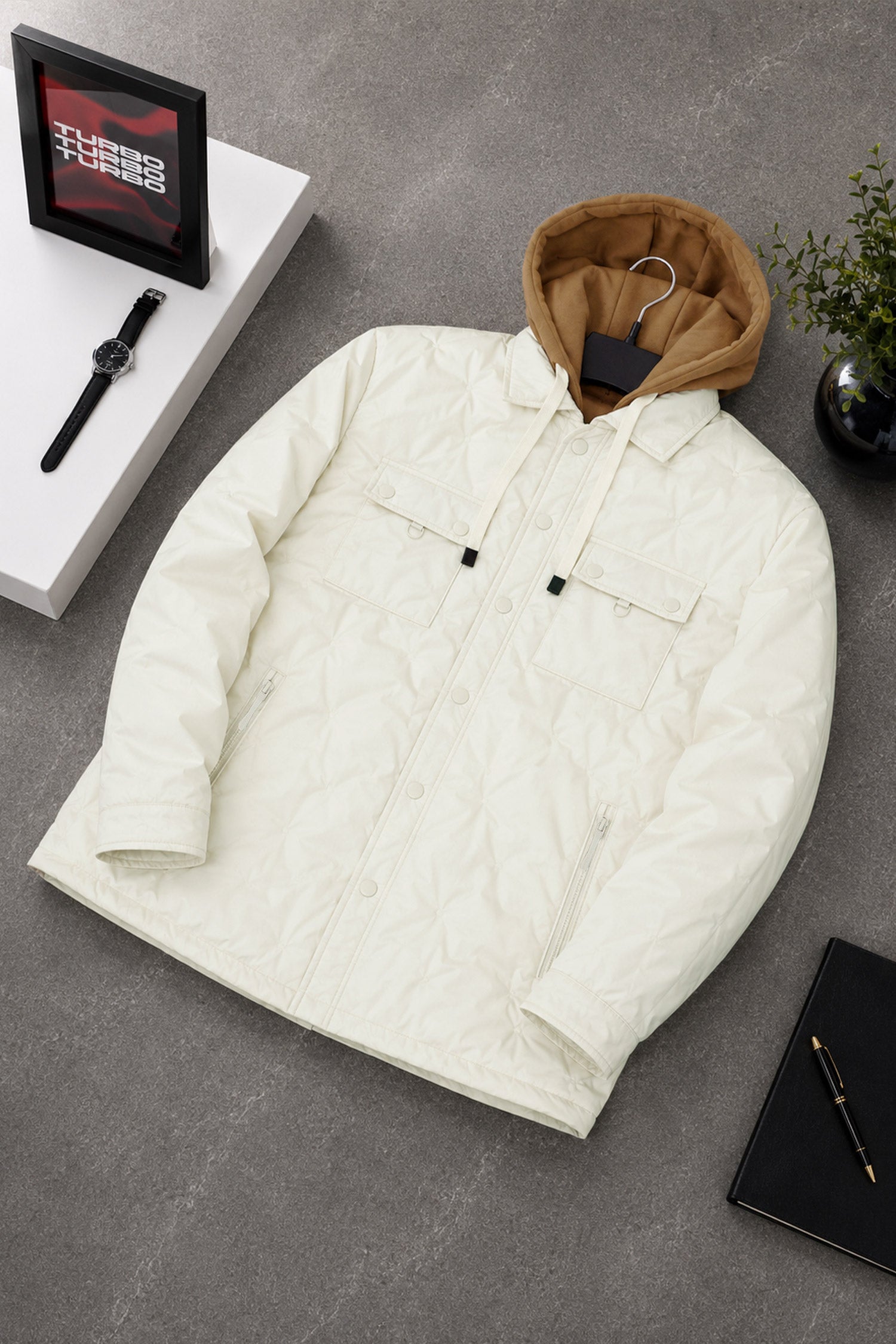 Men's Casual Quilted Detachable Hood Imported Puffer Jacket In Off White