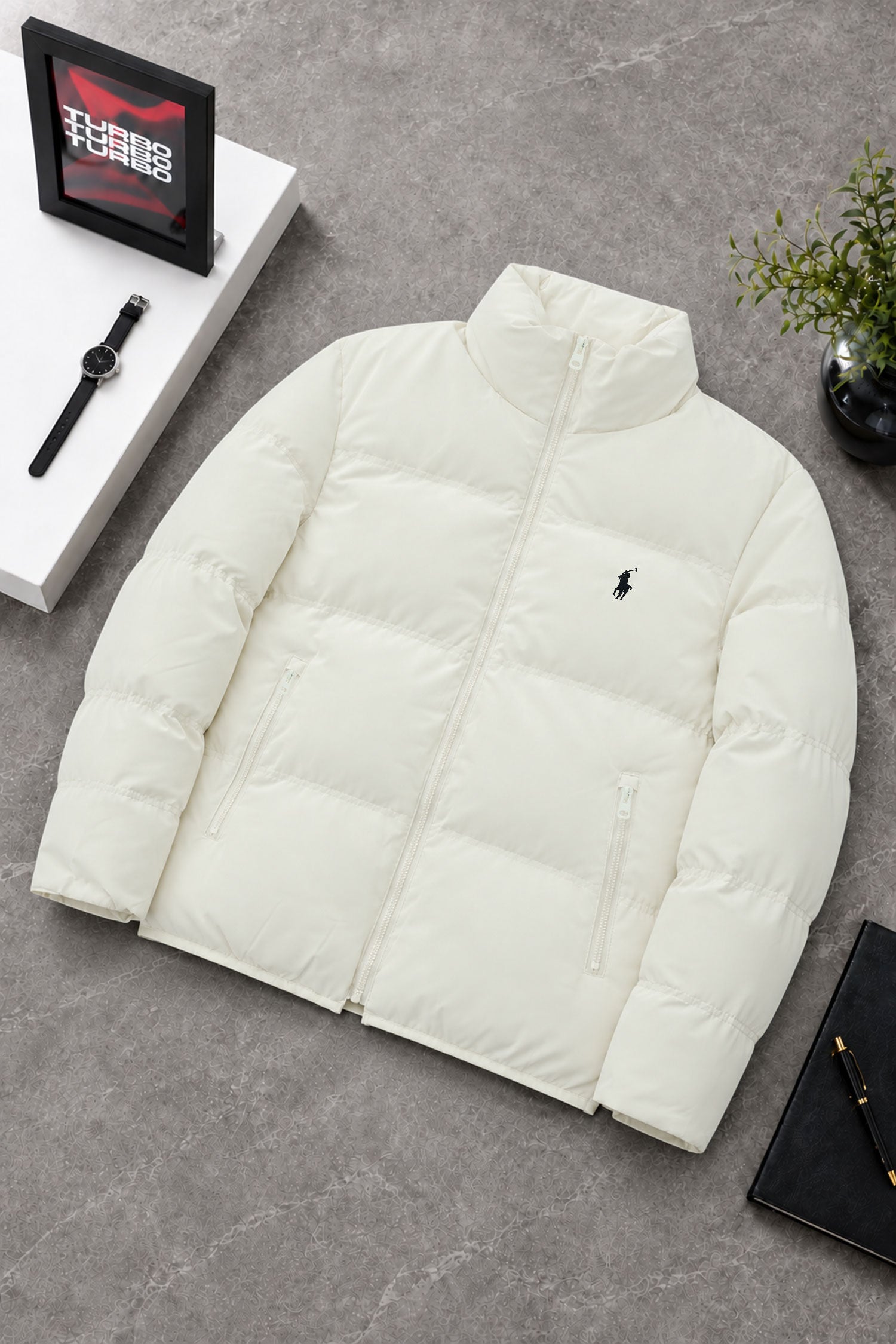 Polo Zipper Water Repellent Imported Puffer Jacket In Off White