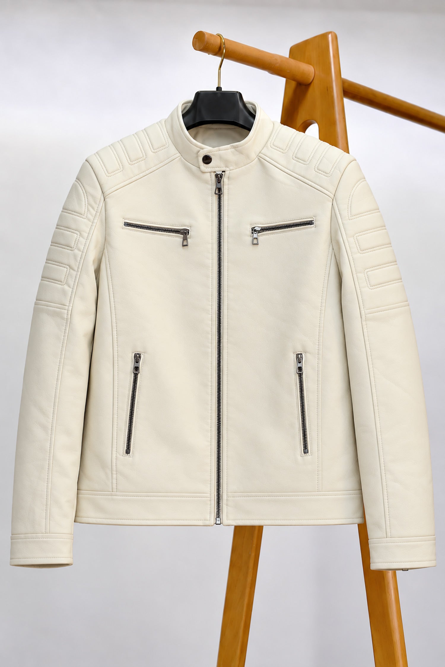 Men's Biker Style Imported Leather Jacket In Off White