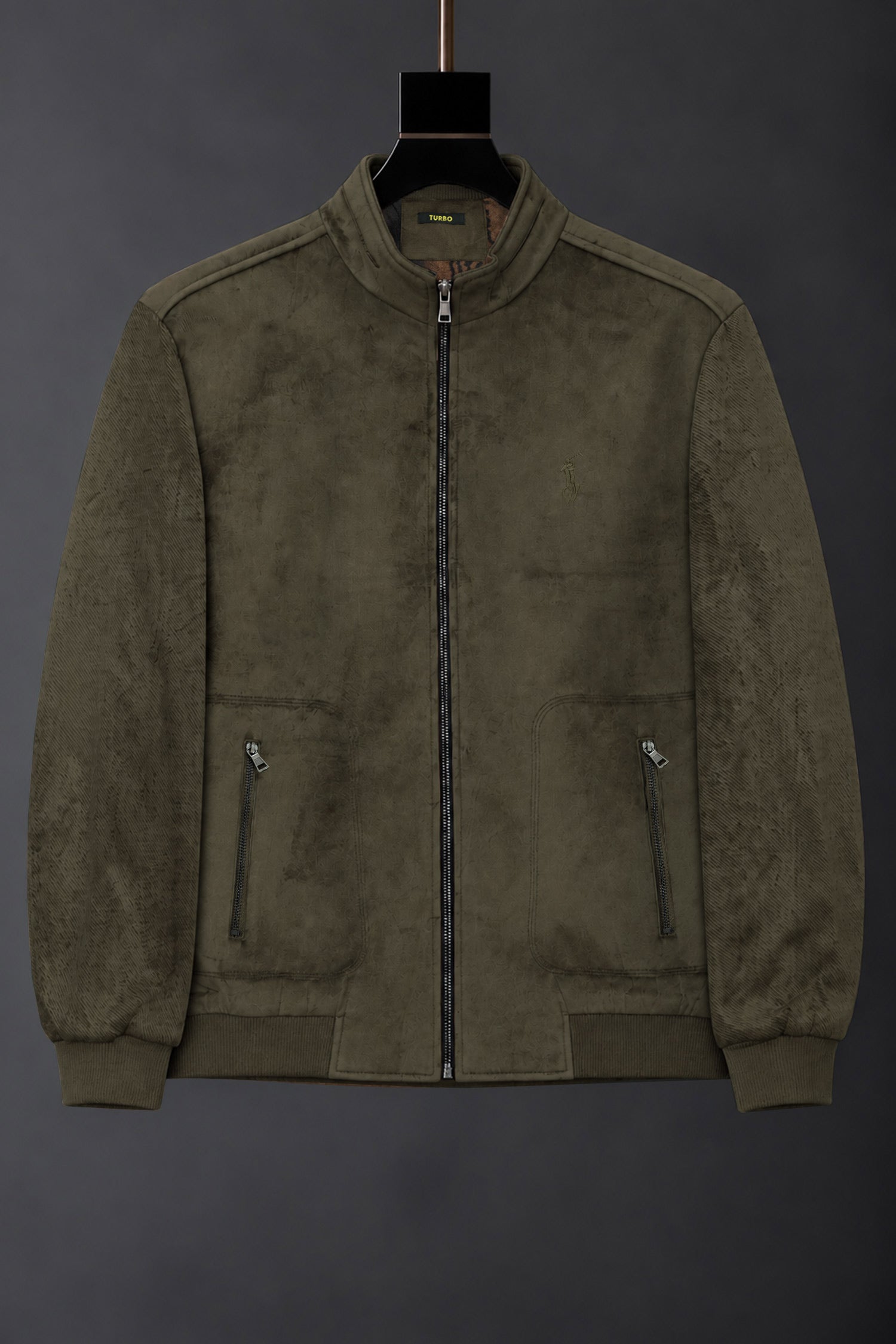 Turbo x Polo Pony Mock-Neck Zipper Imported Men's Big Size Wool Jacket In Olive Green
