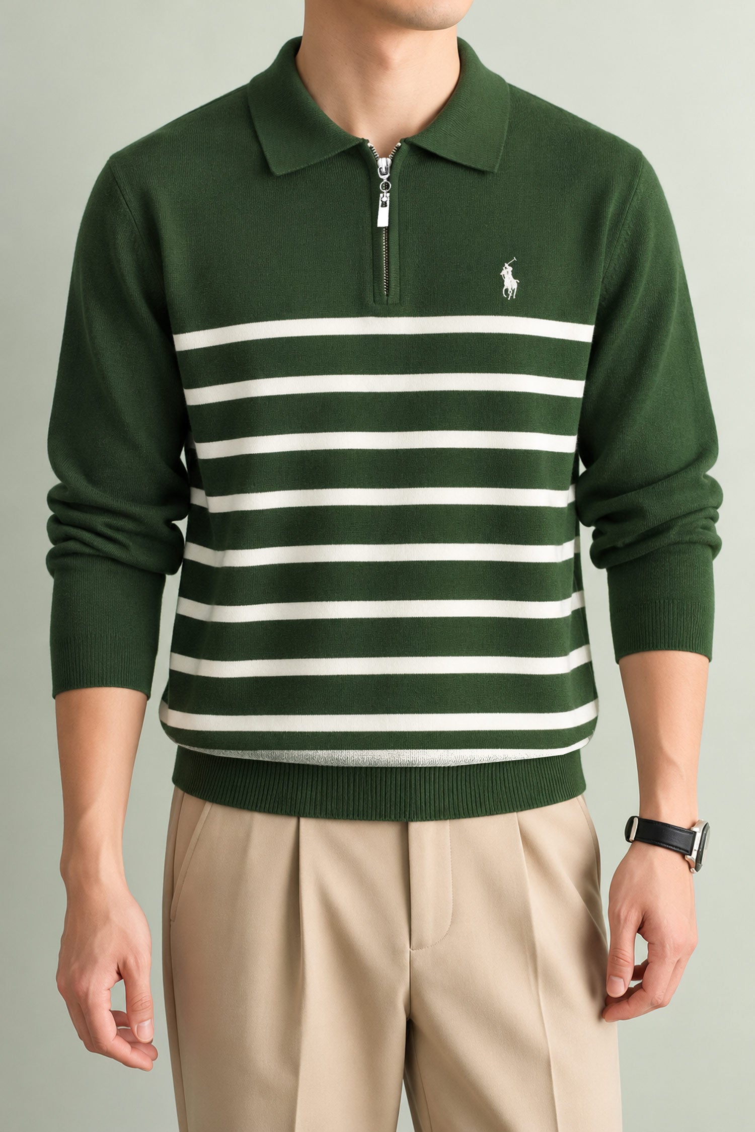Polo Pony Classy Striped Half-Zip Imported Men's Jumper Sweater In Olive Green