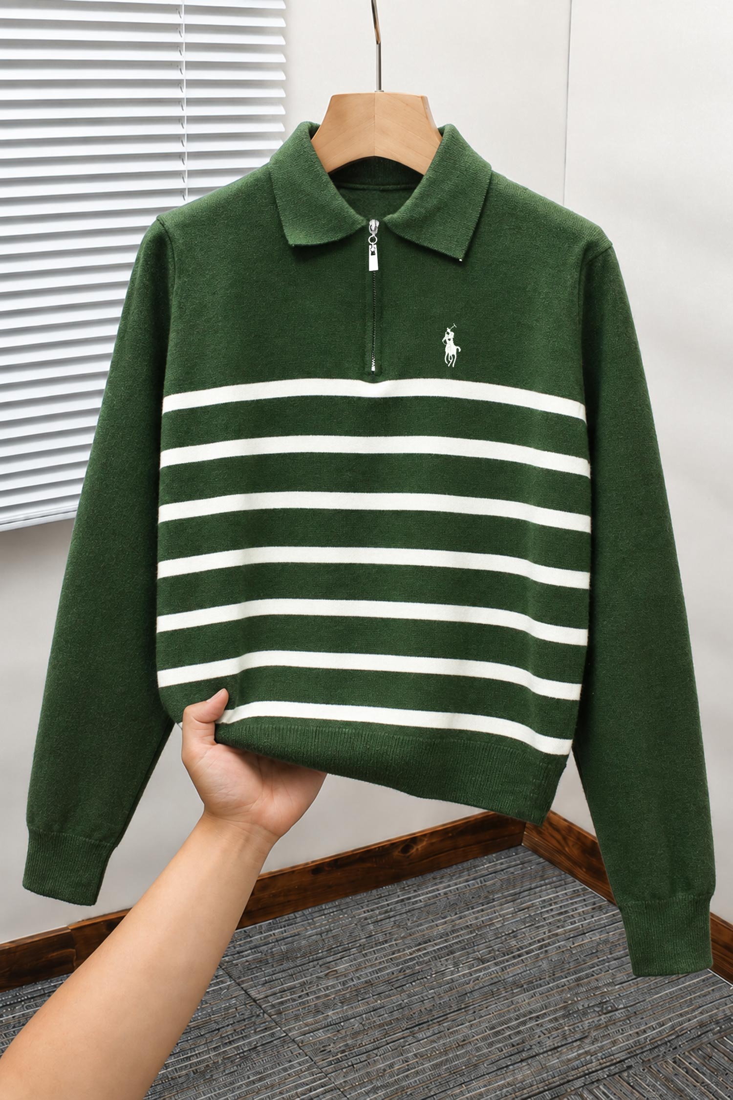 Polo Pony Classy Striped Half-Zip Imported Men's Jumper Sweater In Olive Green